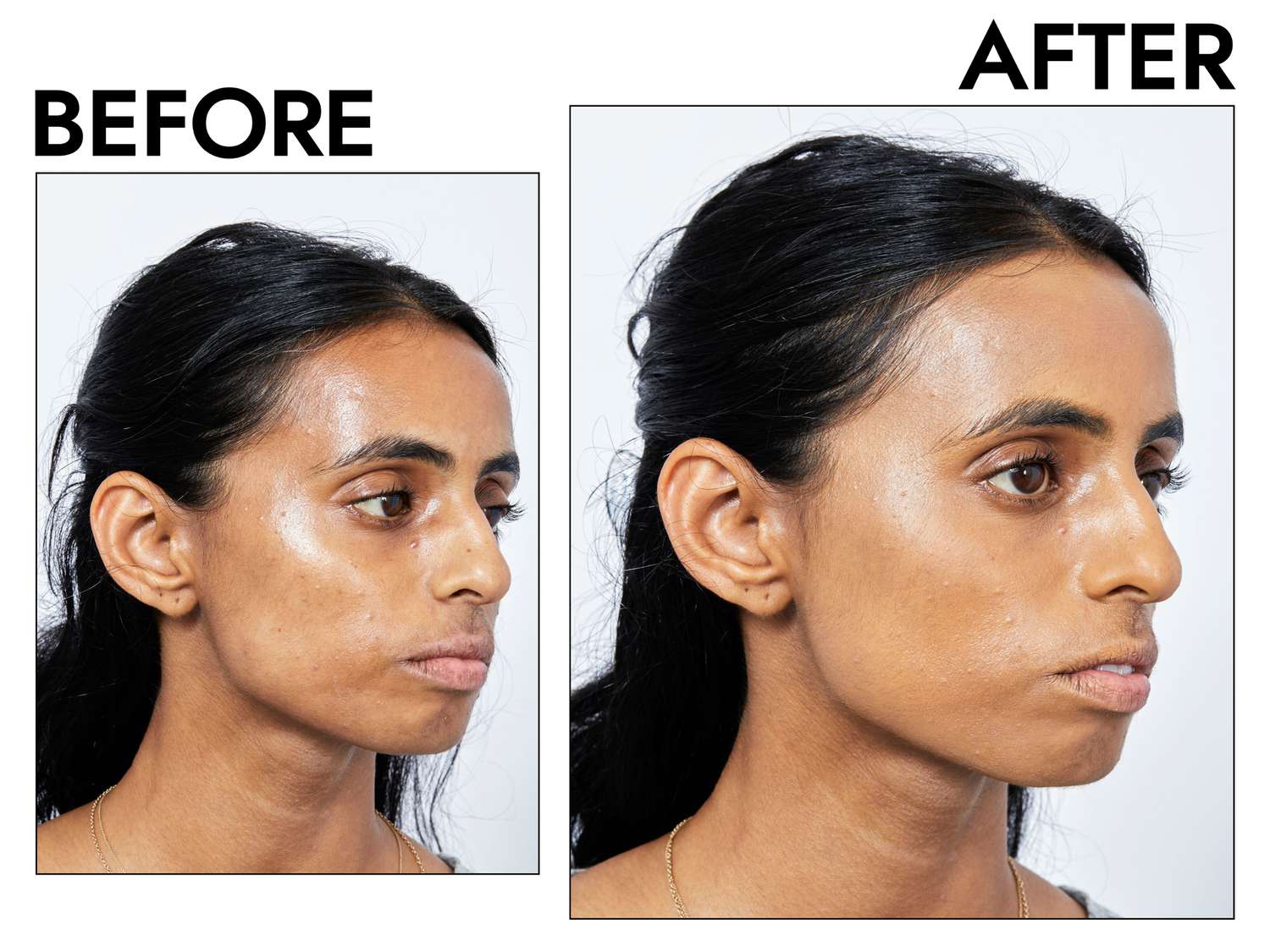 Person's face before and after applying Patrick Ta Major Skin Crème Foundation and Finishing Powder Duo