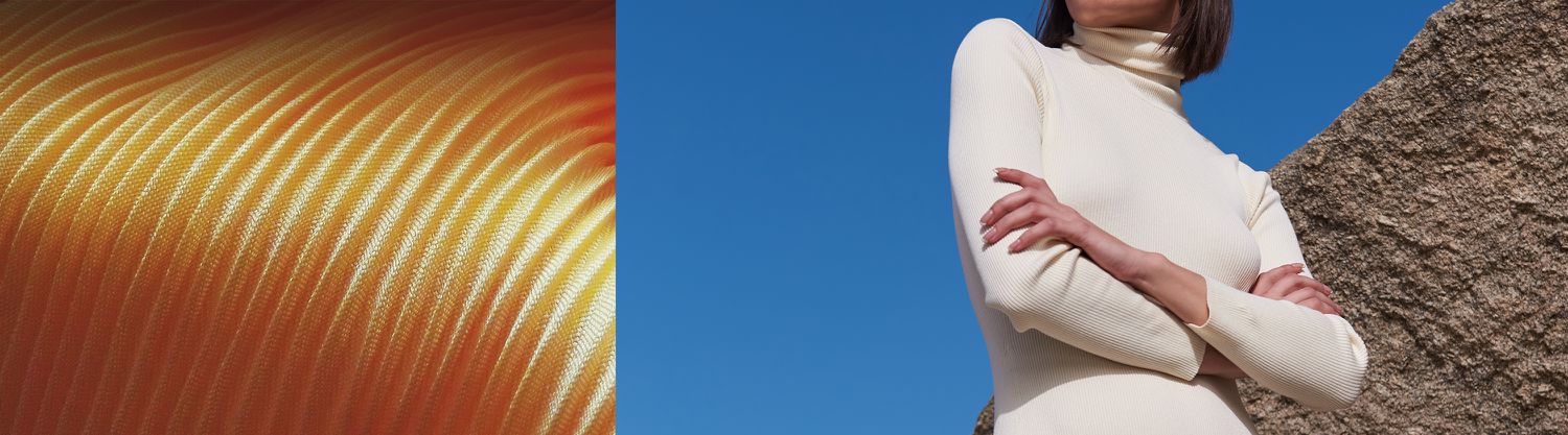 collage of golden ropes and model posing outside under blue sky 