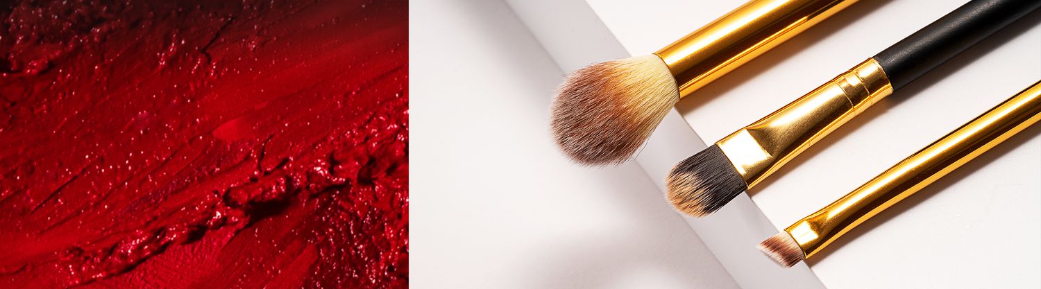 split image of red makeup and brushes on a white surface