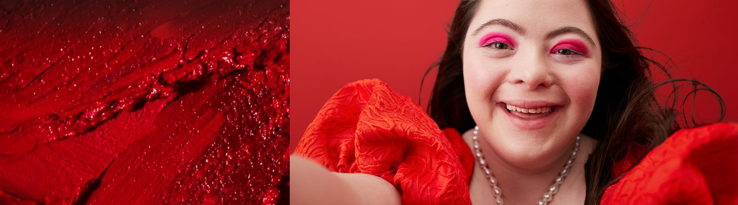 split image of red makeup and model wearing red in front of red background