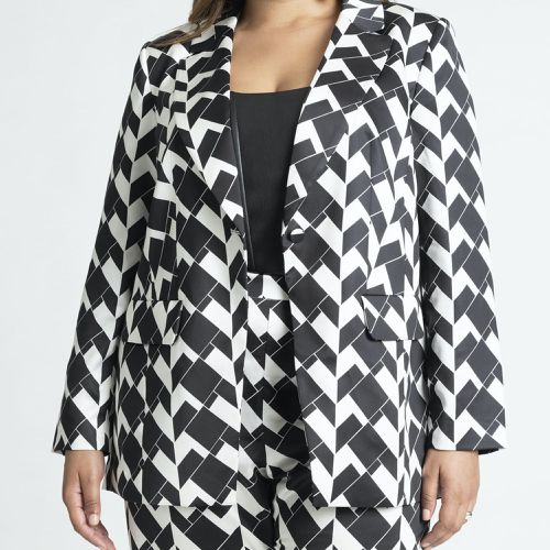 Eloquii Flare Opening Blazer in black and white print