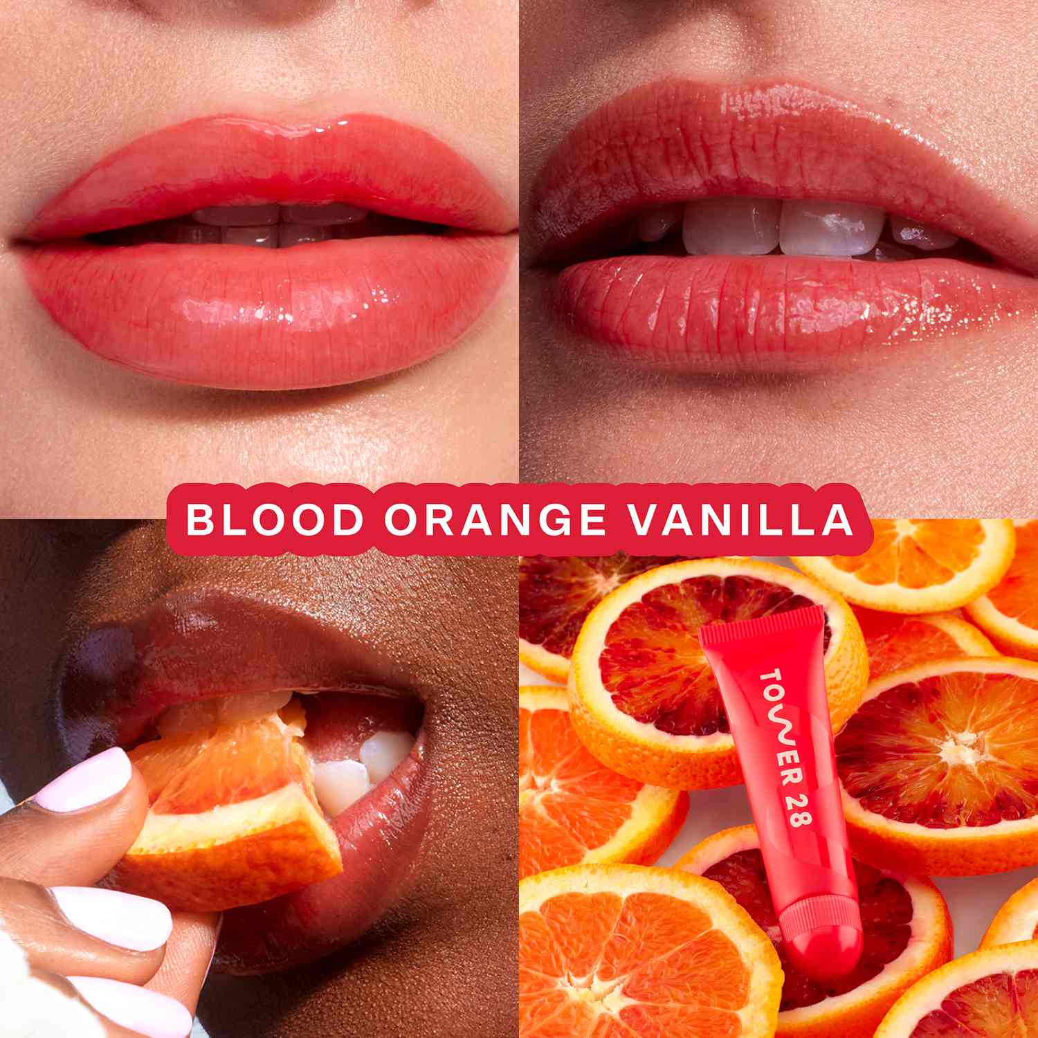 Product image of Tower 28's LipSoftie in shade Blood Orange Vanilla modeled on multiple skin tones