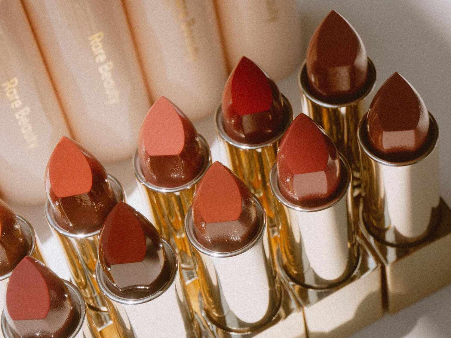 Ten Rare Beauty lipsticks in various colors