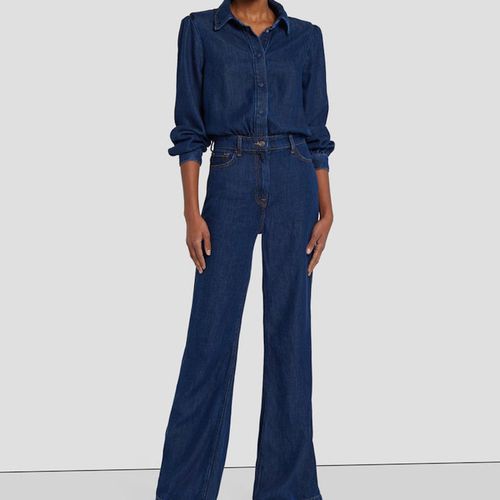 7 for All Mankind Denim Lustre Long Sleeve Jumpsuit in poppy dark wash denim