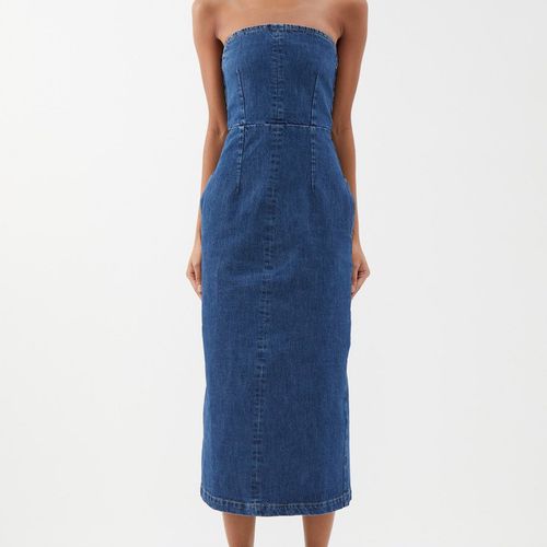 Raey Organic Cotton-Blend Denim Bandeau Dress in medium wash midi length