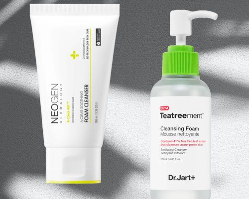 The NeoGen Dermalogy A-Clear Soothing Cleanser and the Dr.Jart Teatreement Cleansing Foam on a gray and white background