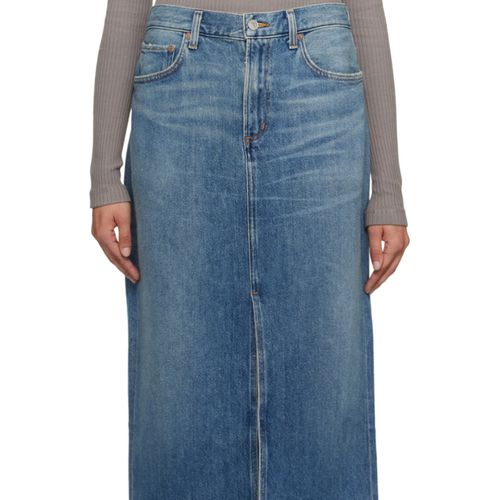 Agolde Blue Leif Denim Maxi Skirt on model