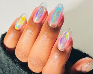 An opal iridescent builder gel manicure