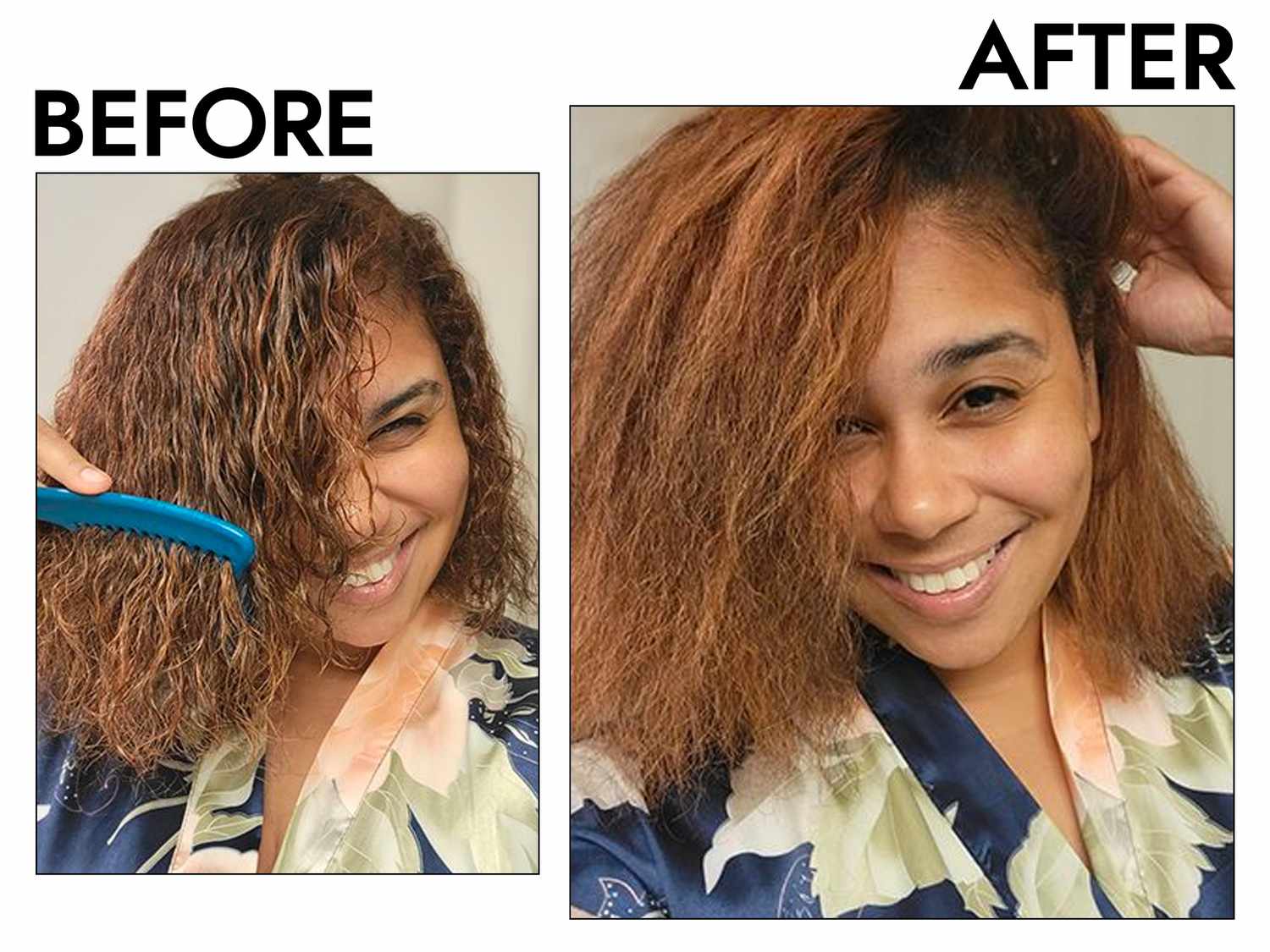 Person's hair before and after using RevAir Reverse-Air Hair Dryer