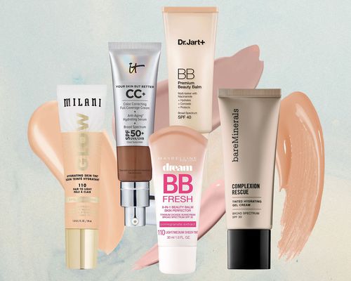 A collage of BB creams we recommend on a colorful background