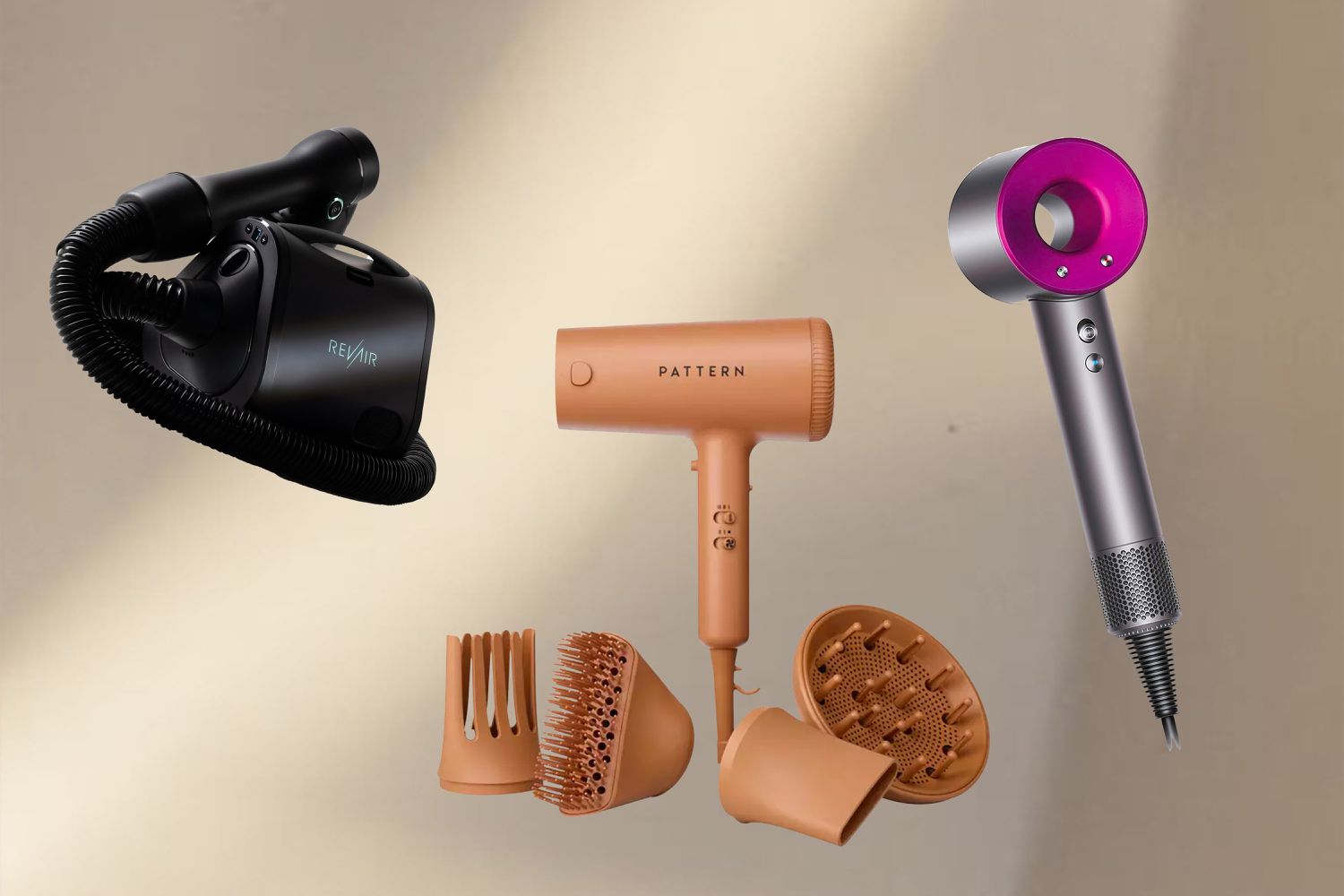 Three blow dryers for natural hair on a beige background