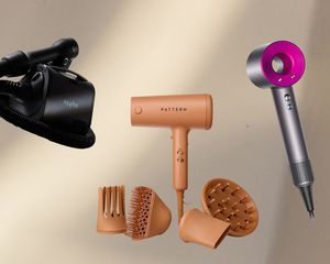 Three blow dryers for natural hair on a beige background