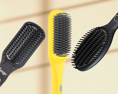 A collage of hair straightening brushes we recommend on a beige background 