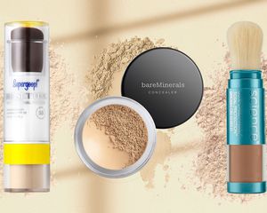 Collage of powder sunscreens we recommend on a yellow background