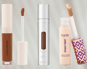 Collage of the best waterproof concealers on a gray background