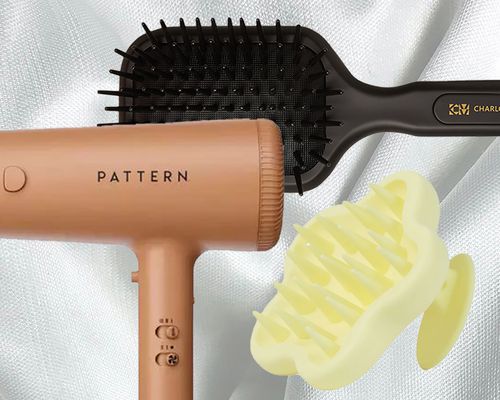 Pattern Beauty hair dryer, Charlotte Mensah Brush, and Bread Beauty Scalp massager on a white background