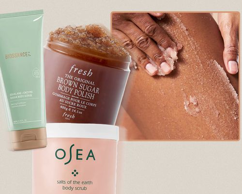 A collage of body scrubs we recommend on a beige background