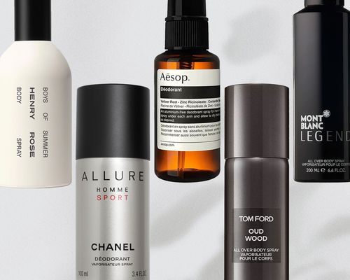 a collage of body sprays for men from brands Henry Rose, Chanel, Aèsop, Tom Ford, and Mont Blanc