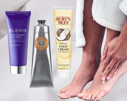 Person rubbing their feet collaged with best foot creams on a white background