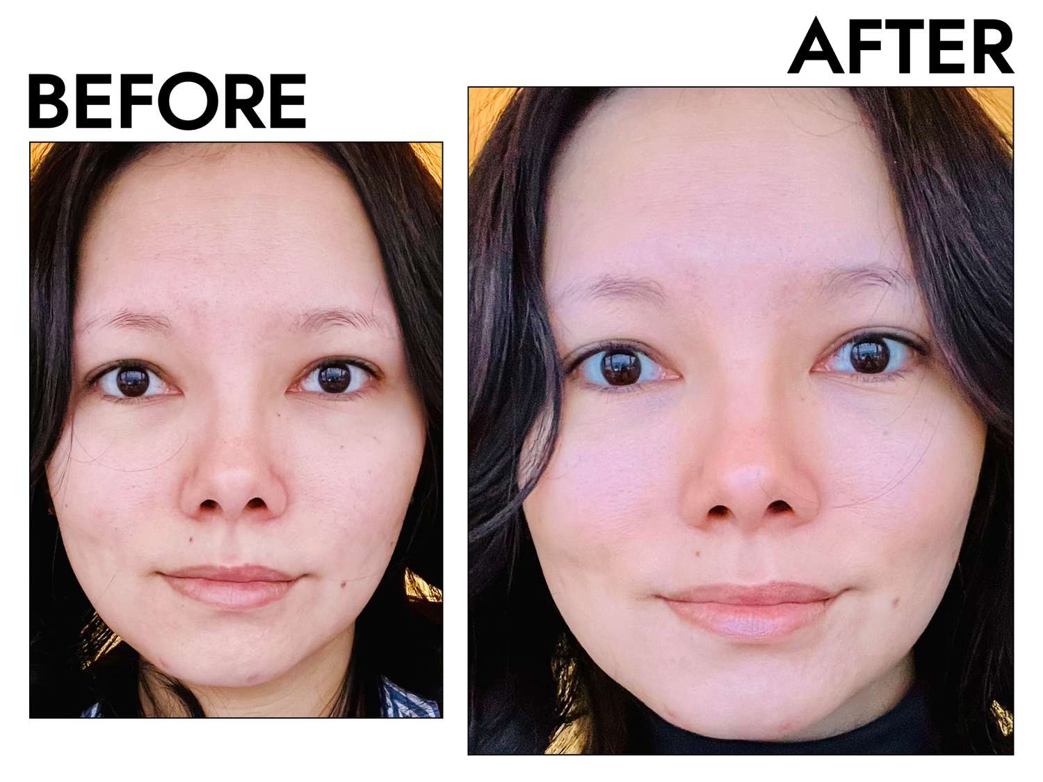 a tester before and after testing Peach & Lily Glass Skin Refining Serum