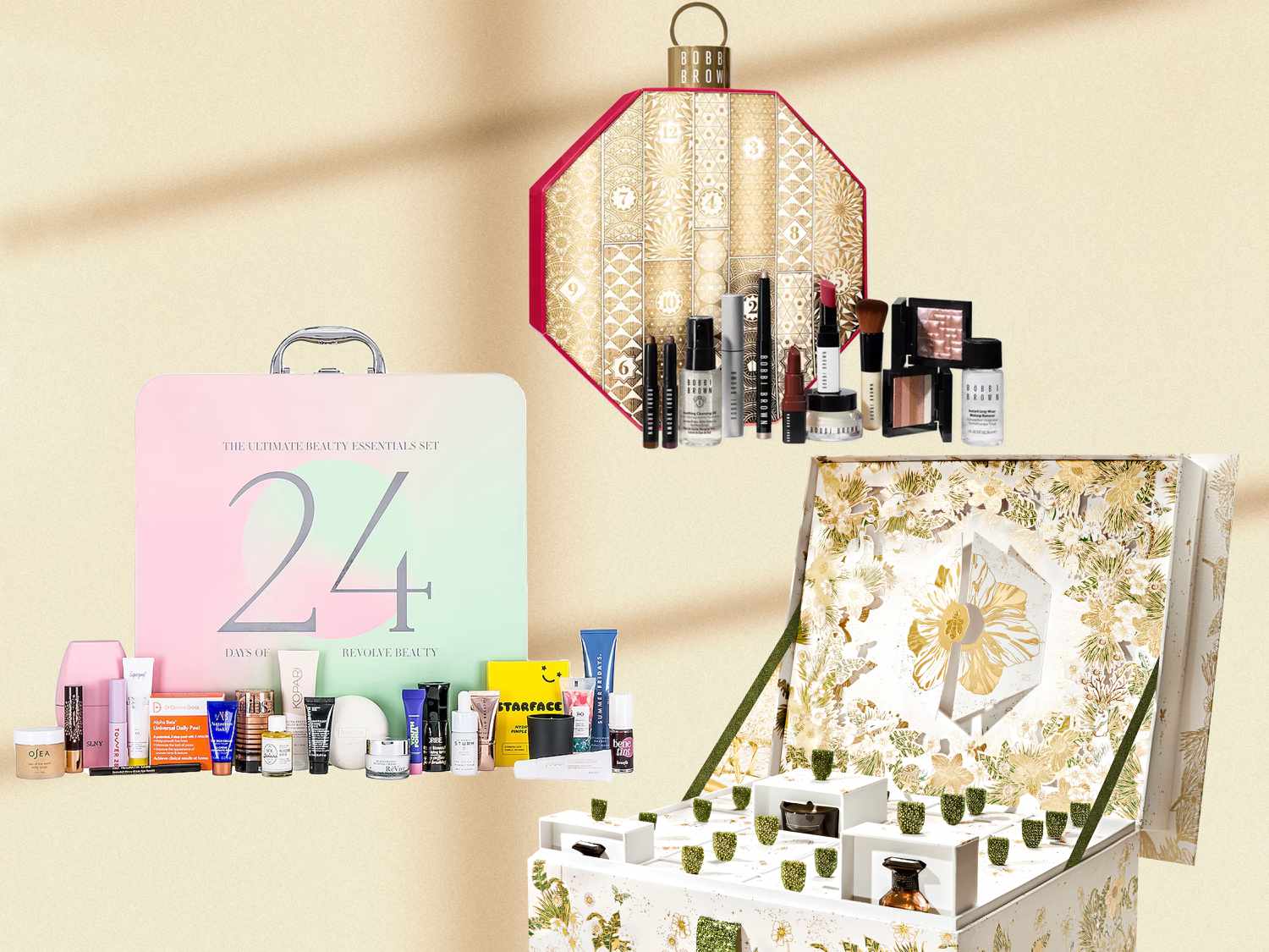 Collage of different Beauty Advent Calendars on a window light background 