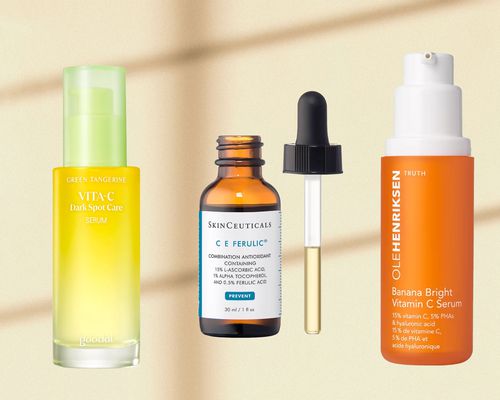 collage of three popular brightening serums: Green Tangerine, SkinCeuticals, and Ole Henriksen