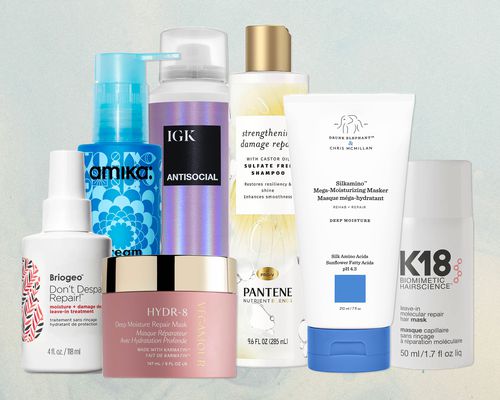 Collage of overnight hair masks we recommend on a blue background