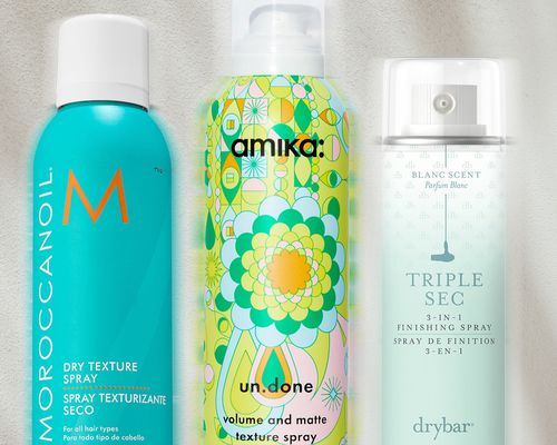 A collage of texturizing sprays from brands Moroccanoil, Amika, and Drybar