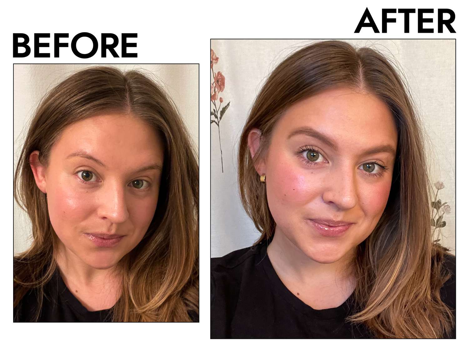 A before and after applying Benefit Cosmetics Hoola Bronzer