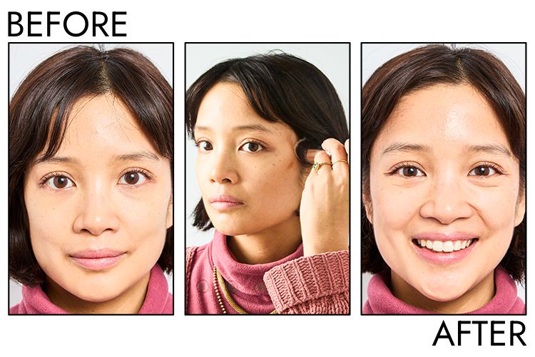 A person before, during, and after applying the Rare Beauty Warm Wishes Effortless Bronzer Stick