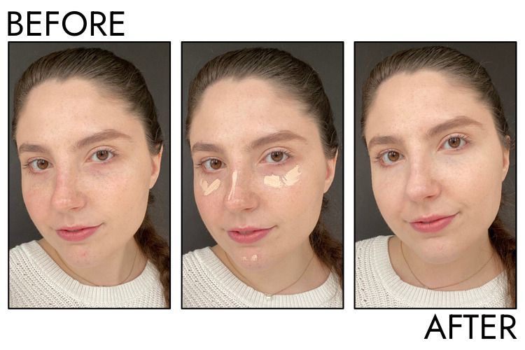 A person's face before and after applying L'Oreal Paris Full Wear Concealer up to 24H Full Coverage