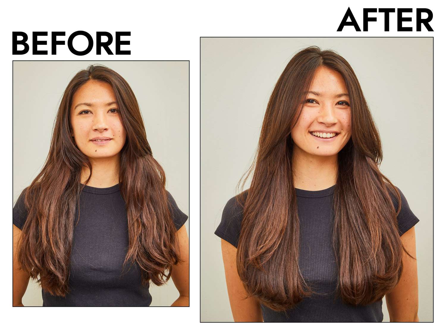 Portrait of a person before and after using the Olivia Garden High Performance Professional Hair Dryer