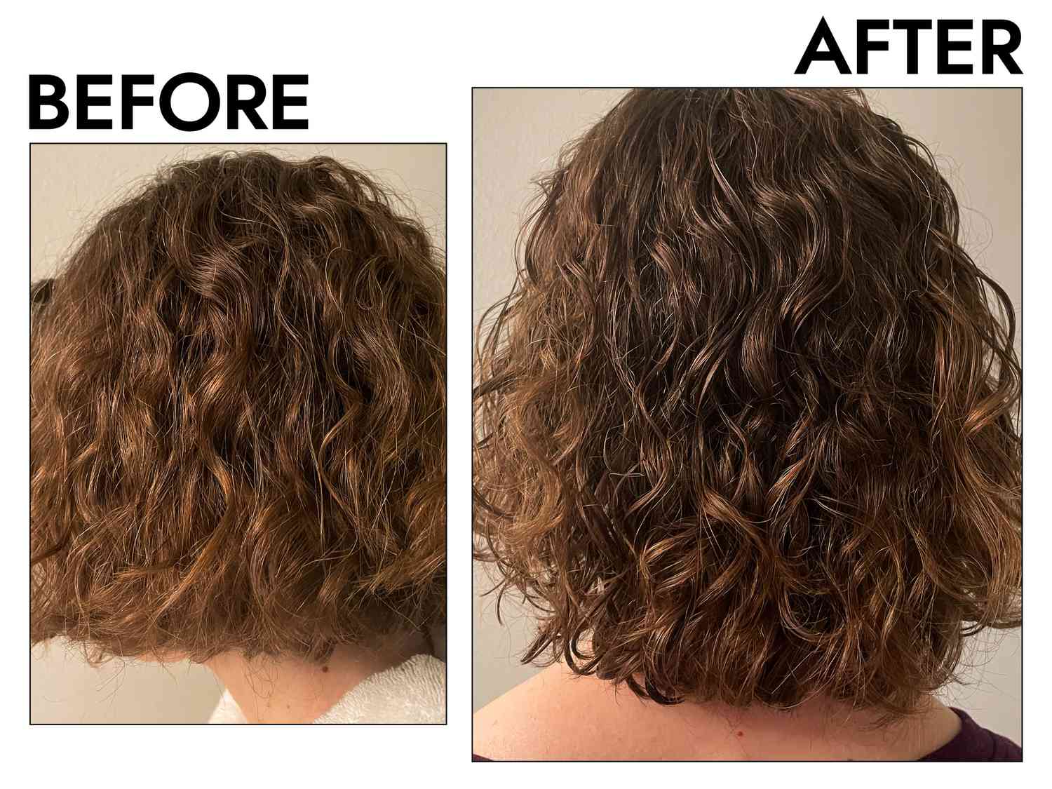 A before and after photo showing the effects of using Not Your Mother's Curl Talk Leave-In Conditioner