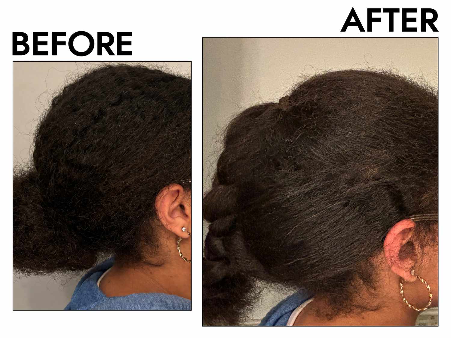 A before and after photo showing the effects of using Carolâs Daughter Black Vanilla Leave-In Conditioner