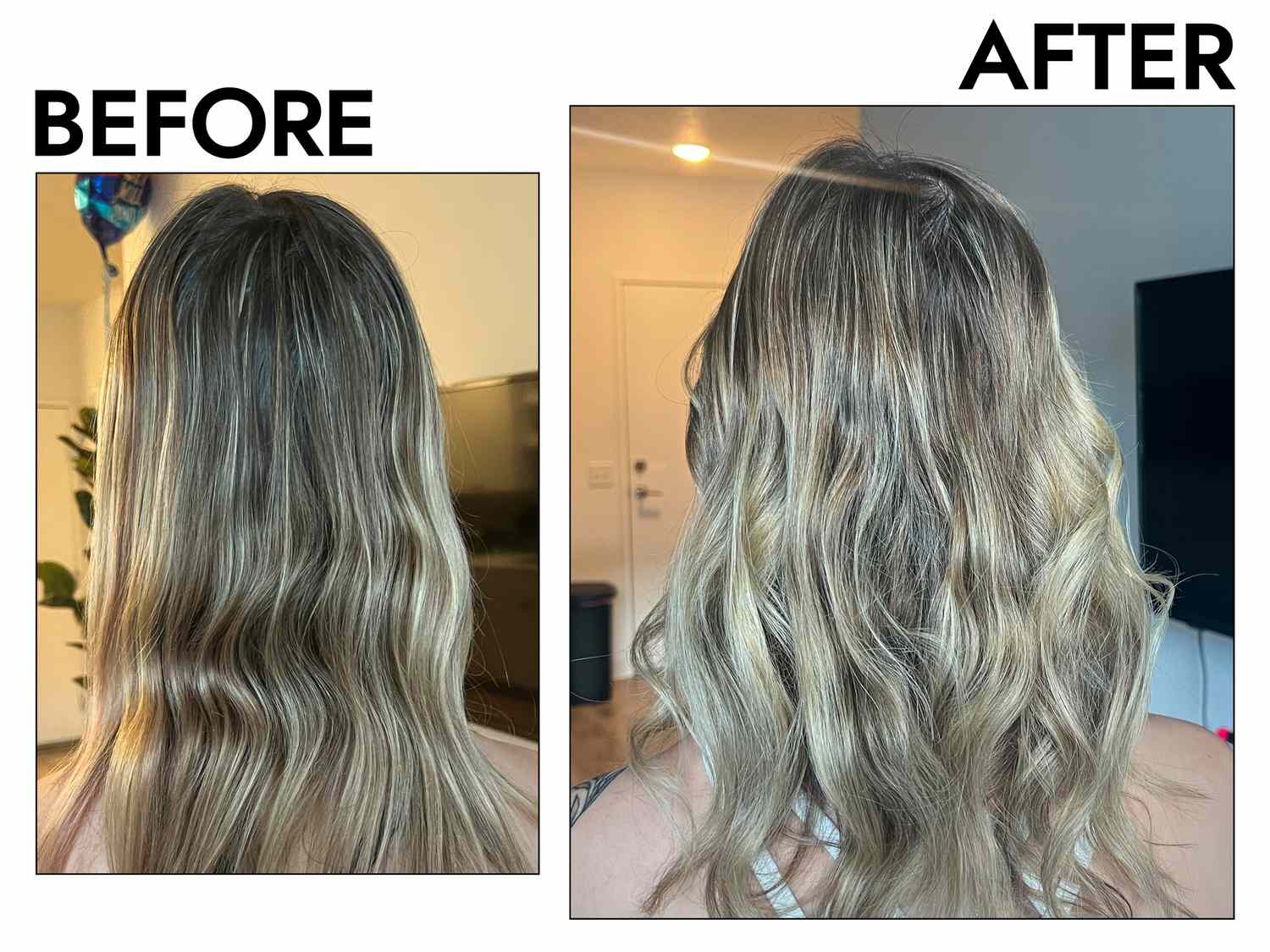 A person's hair before and after styling with the Sol de Janeiro Brazilian Joia Milky Leave-In Conditioner