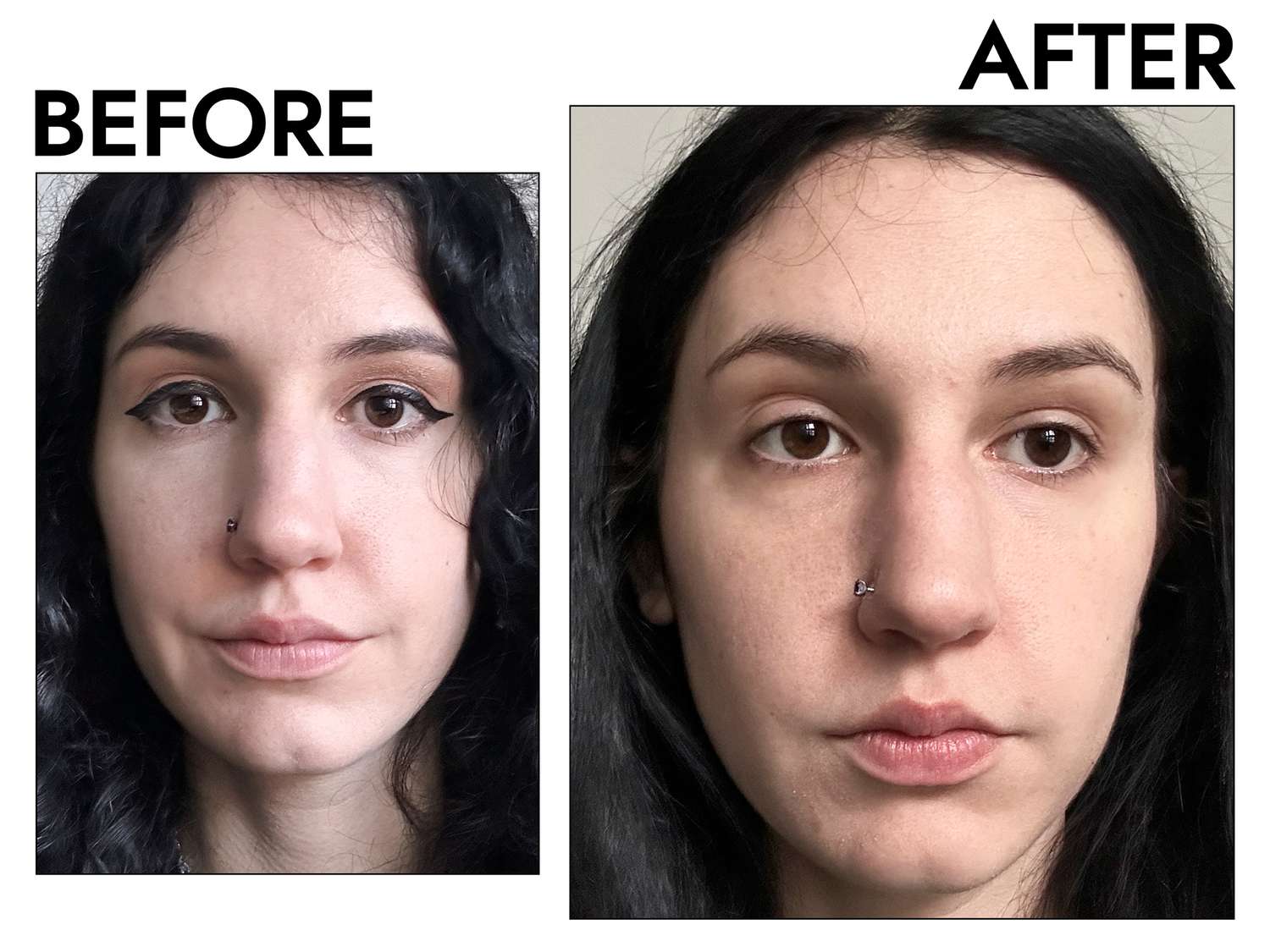 Before and after applying Drunk Elephant B-Goldi Bright Illuminating Drops with Niacinamide