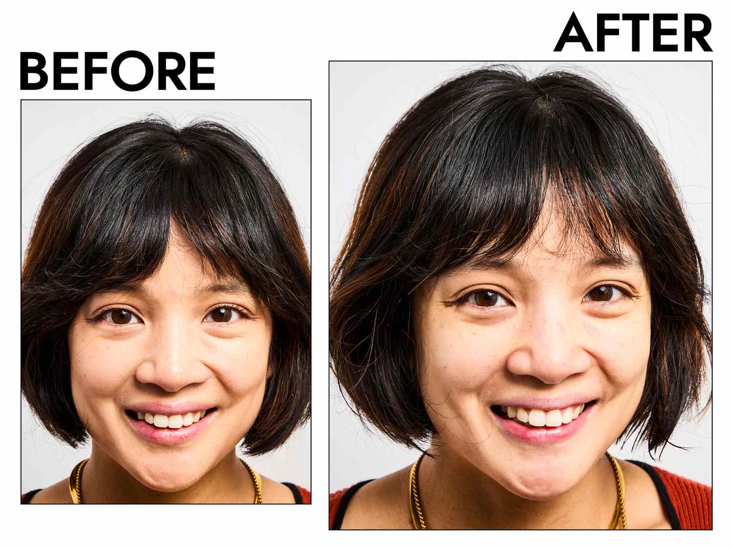 A before and after photo of a person who cleansed with DAMDAM Silk Rice Makeup-Removing Cleansing Oil