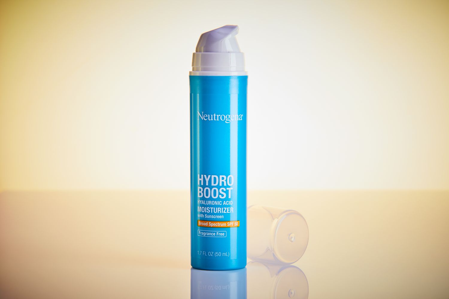 Neutrogena Hydro Boost Hyaluronic Acid Moisturizer SPF 50 on a yellow background