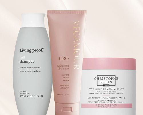 Three of the best shampoos for thinning hair on a pink background