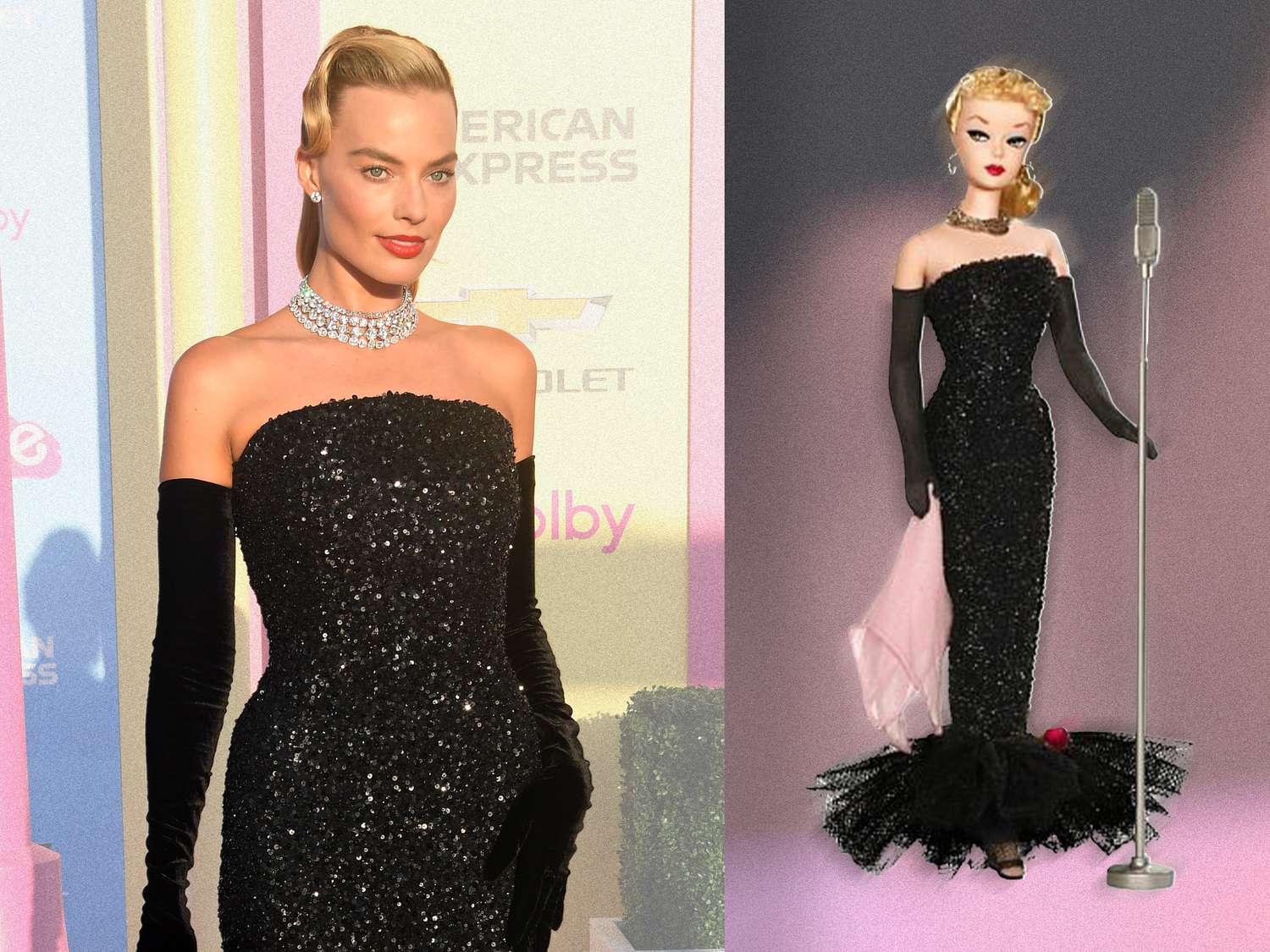 Margot Robbie wears a black Schiaparelli dress inspired by the Solo in the Spotlight Barbie for the Barbie World Premiere