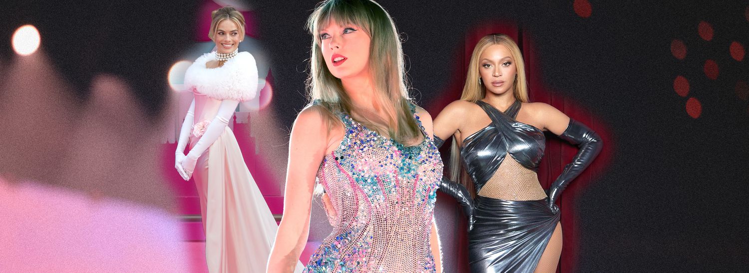 Margot Robbie, Taylor Swift, and Beyonce in dramatic outfits worn to the Barbie premiere and Eras and Renaissance tours