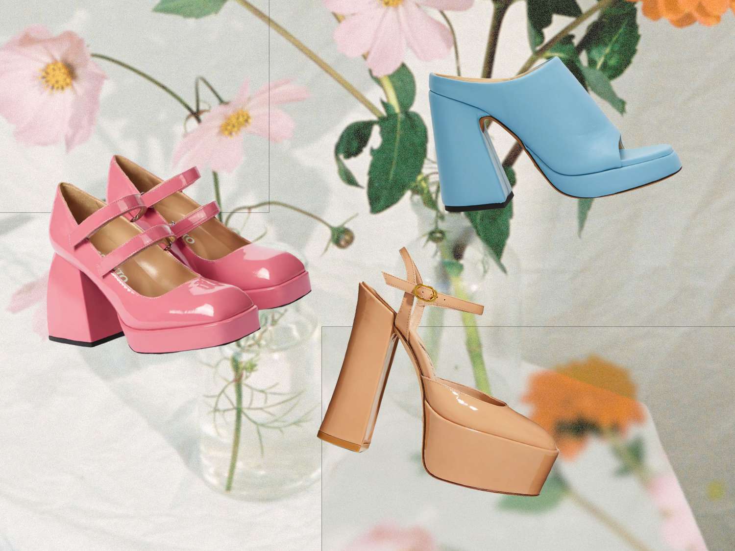 Collage of platform shoes we recommend on a floral background