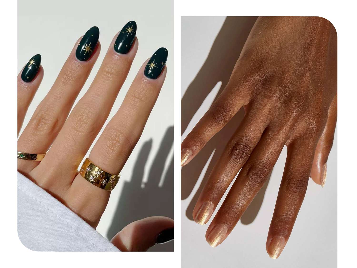 Two hands wearing holiday nail trends