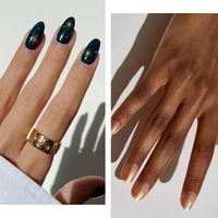 Two hands wearing holiday nail trends