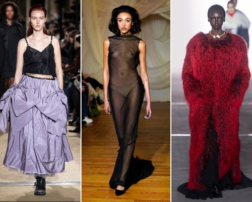 Three models walking at New York Fashion Week wearing (L-R) a lavender bow ball skirt, a sheer black gown, and a fluffy red coat