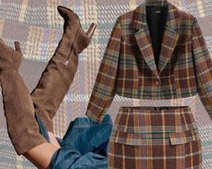 Brown plaid blazer and mini skirt set and brown suede thigh high boots