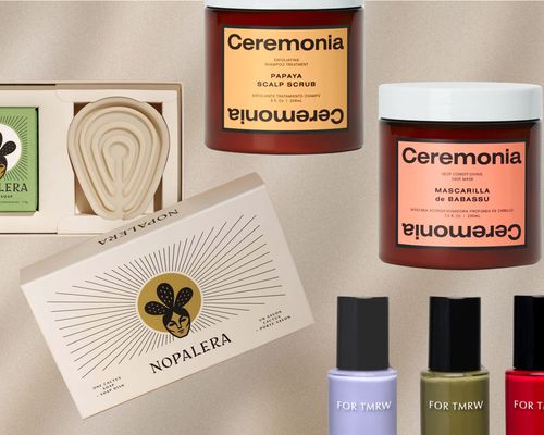 Latinx-Owned Beauty Gifts against a beige background