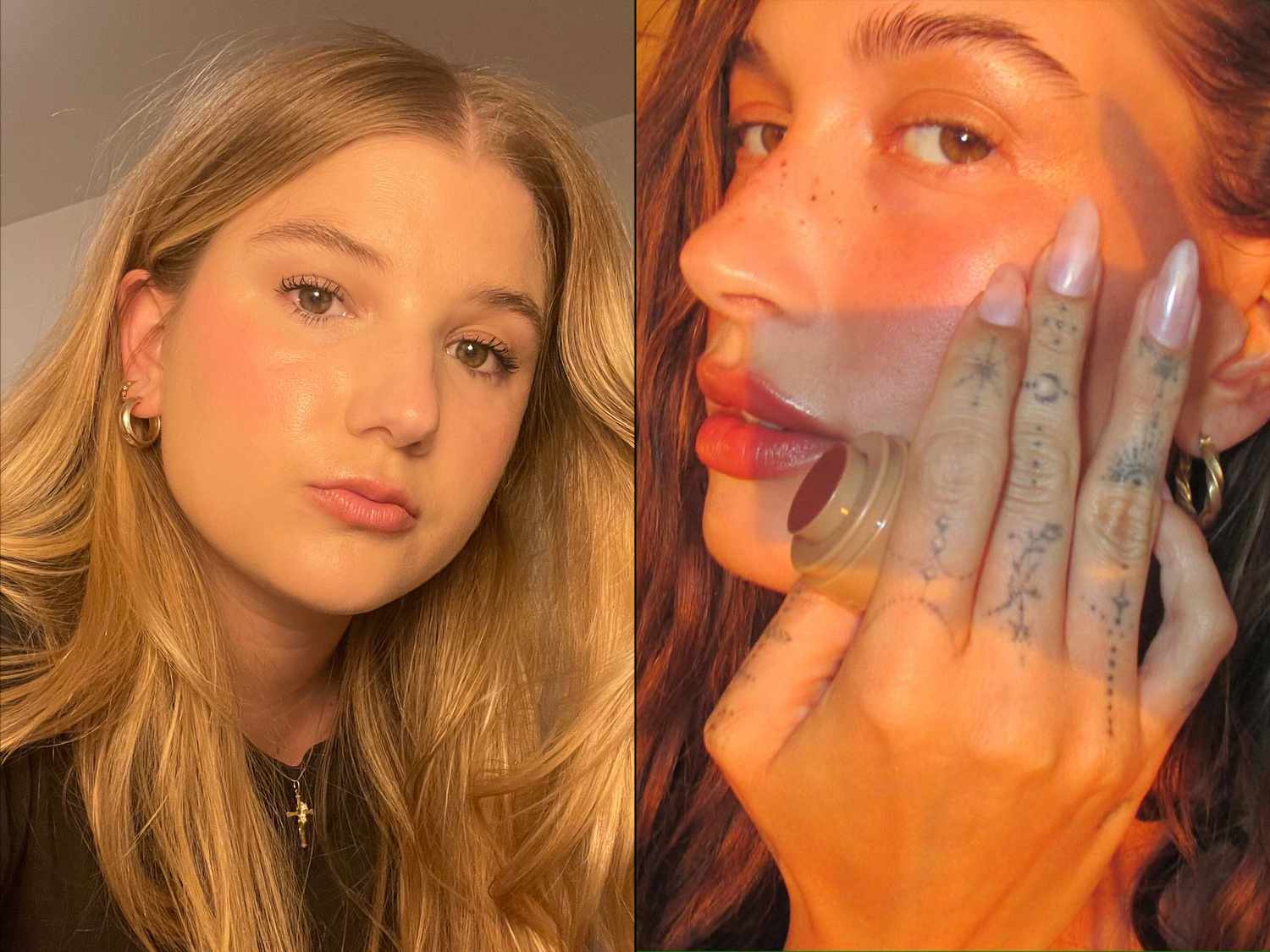 the author and Hailey Bieber wearing the Rhode Pocket Blush