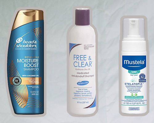 Collage of shampoos we recommend for eczema on a gray background