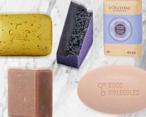 A collage of bar soaps we recommend on a marble background